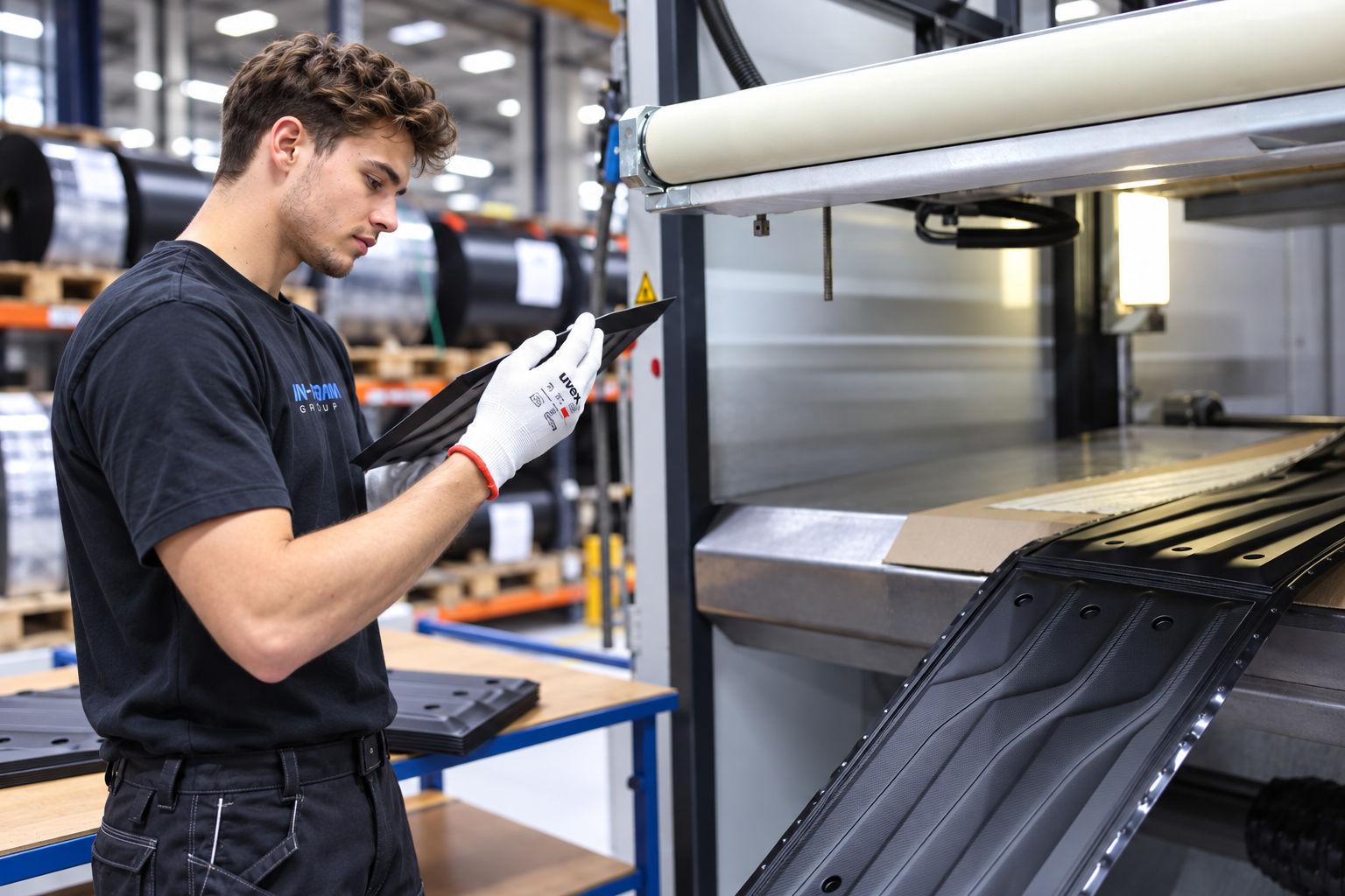Mitarbeiter prüft ein Kunststoffbauteil an der Thermoformanlage