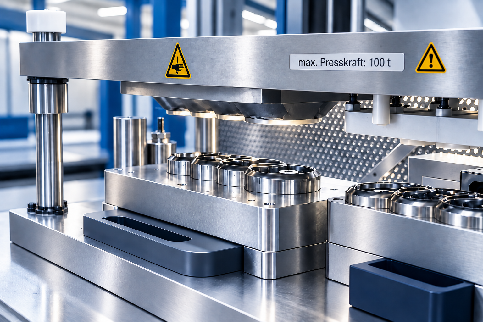 Cutting dies separate formed parts and trim excess edges along the specified outline.