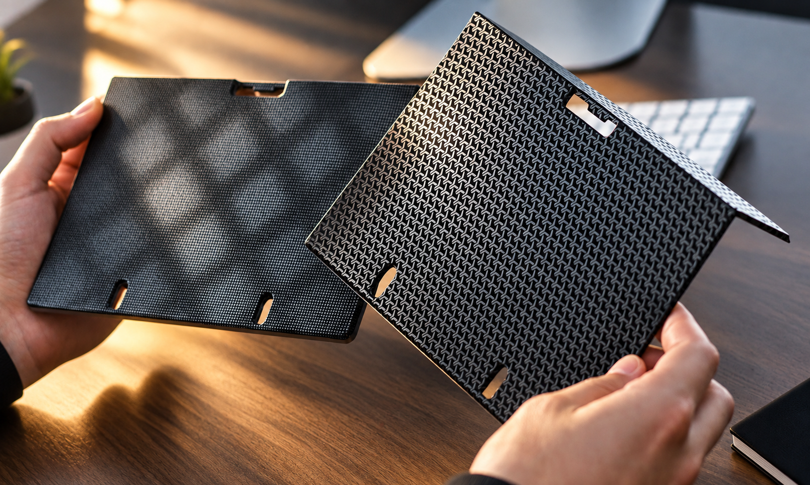 MI-Form sample panels with different dark decorations and surface patterns