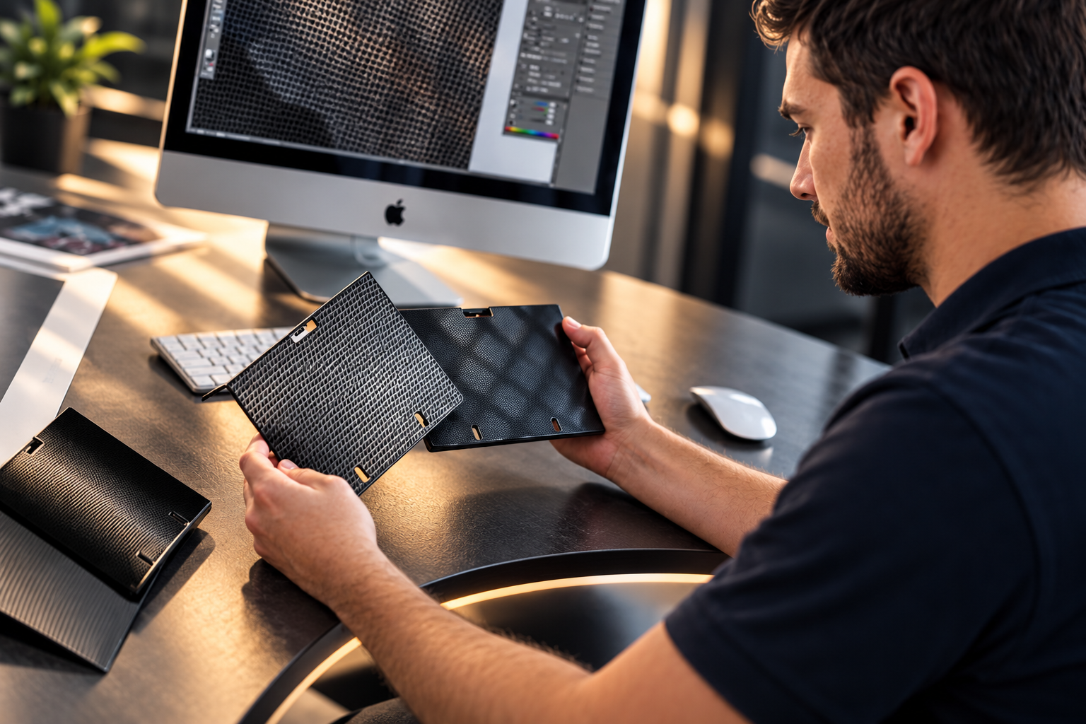 Reviewing MI-Form decorative samples at a design workstation